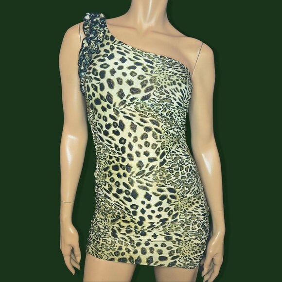 Y2K Leopard Print Mini Dress Size S One Shoulder Khaki Green Glitter Mcbling - Picture 1 of 9